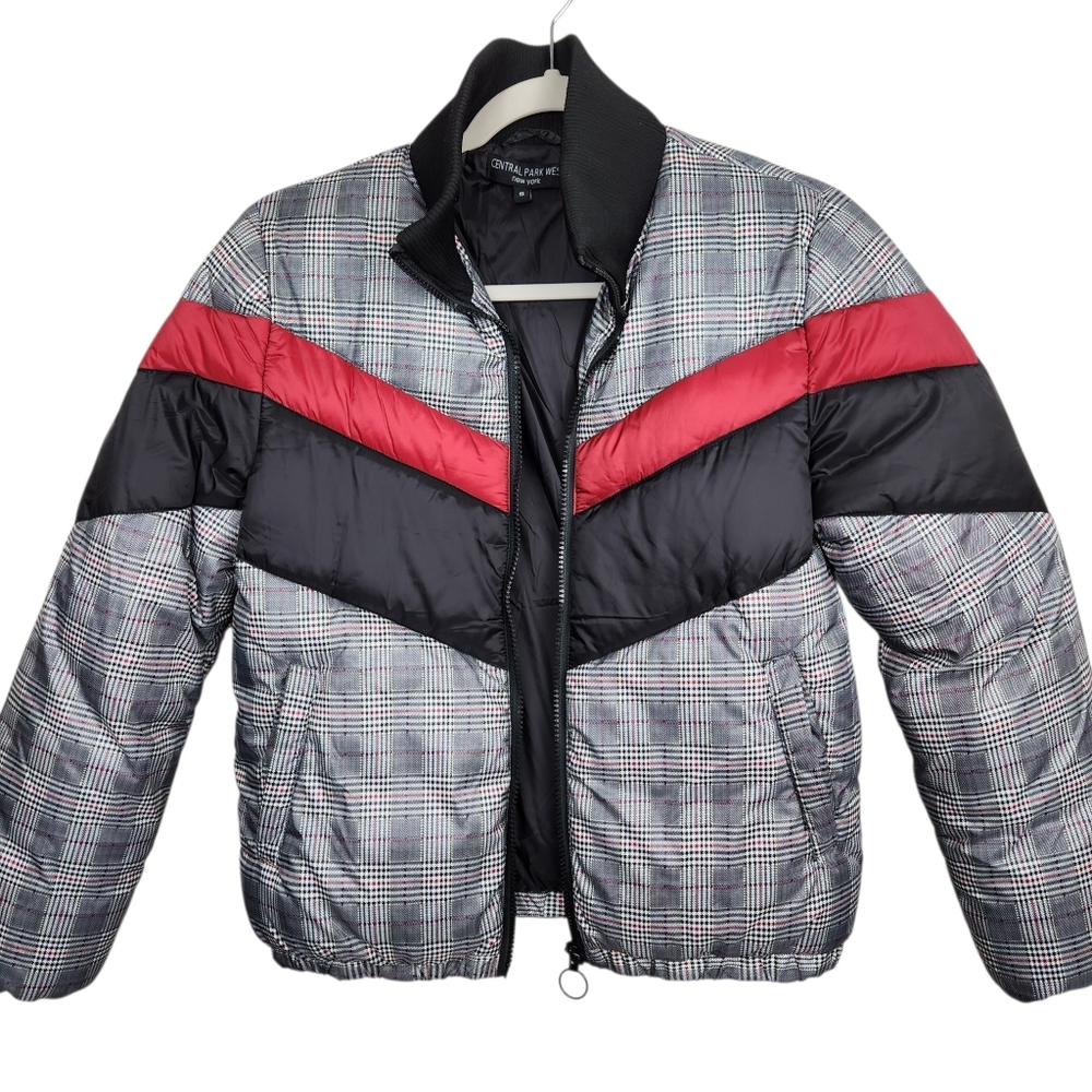 Central Park West Wesley Plaid Striped Puffer Jacket Moc Collar Womens Size S - Picture 7 of 11